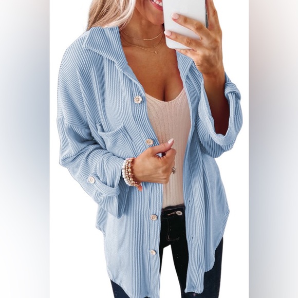 Sky Blue Ribbed Button Down Shacket, Long Sleeved, Collar and Pockets, Small - Picture 4 of 5